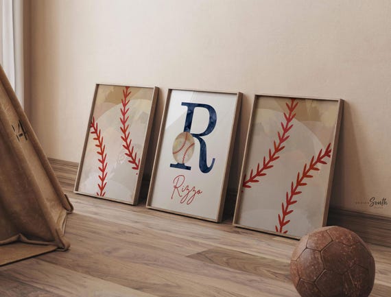 Vintage baseball nursery art, red and navy blue sports prints, personalized name and initial, watercolor baseball wall decor for boys