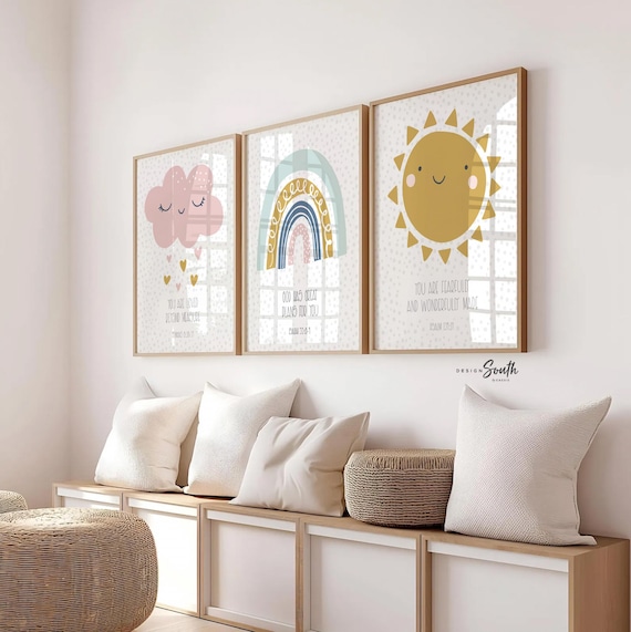 Christian Nursery Wall Art Prints: Bible Verse Decor, Rainbow Cloud