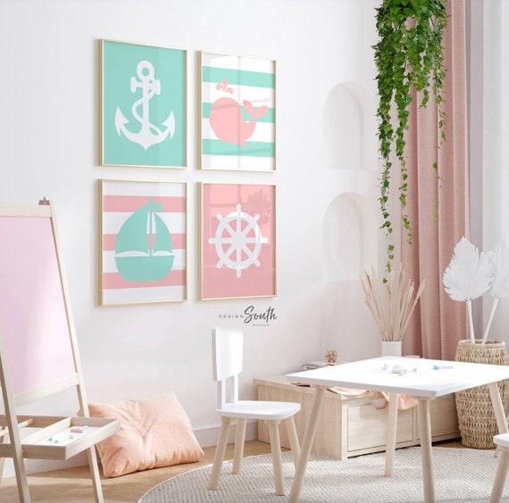 Girls nautical nursery, girls nautical playroom, pink and mint nursery, pink nursery, wall decor for girls, pink mint sailboat anchor whale