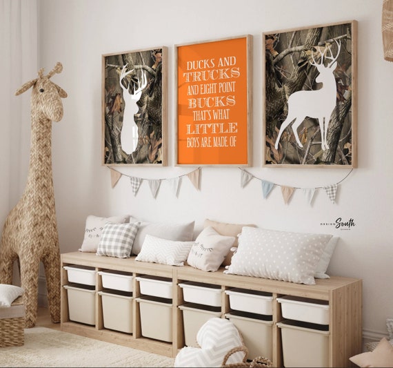 Boys deer nursery art, baby boy gift orange deer theme, deer head art, boys buck decor antler eight point, hunting art for toddler kids room