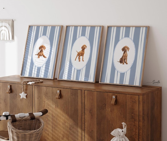 Vizsla Puppy Nursery Prints: Baby Blue Dog Wall Art Set