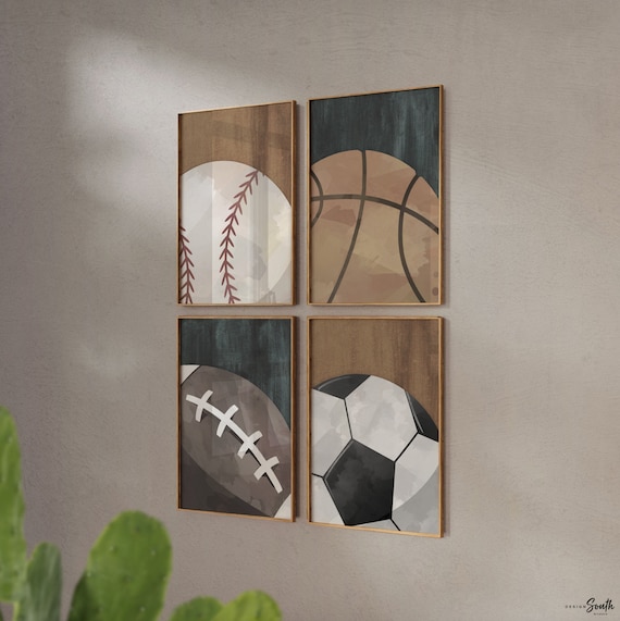 Rustic industrial kids room sports decor, modern sports nursery art set, industrial kids playroom decor, gift for boy sports theme, kid room
