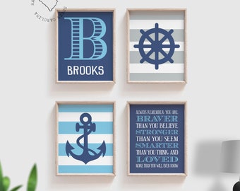 Nautical Nursery Prints: Anchor, Ship Wheel, Monogram (Set of 4)
