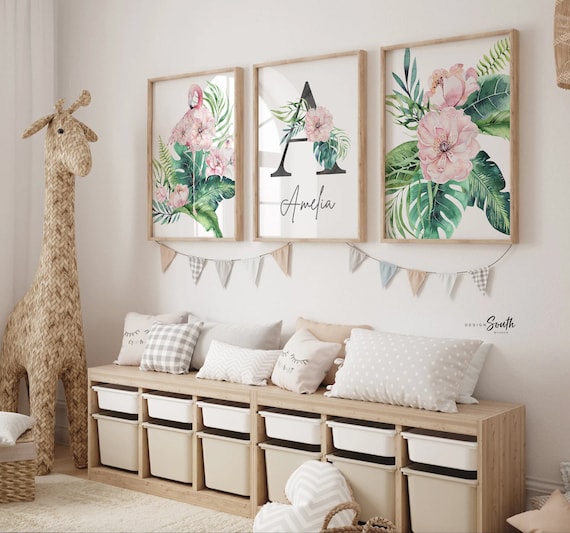 Watercolor pink flamingo nursery decor, baby girl nursery wall art blush pink flamingo, girls room decor tropical floral, flamingo girl room