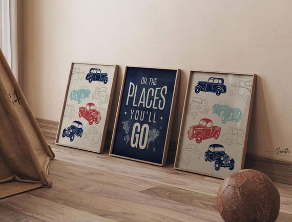 Vintage car wall art, cars nursery art, kids wall art, nursery decor, boy nursery art, vintage cars wall prints, red car art, red and blue