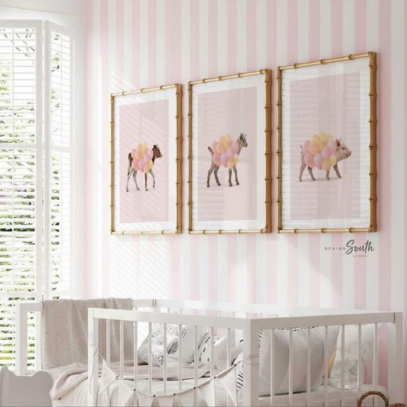 Girls Farm Wall Art – Pastel Pink Set of 3 Animal Prints with Balloons – Baby Cow, Goat, Pig Nursery or Bedroom