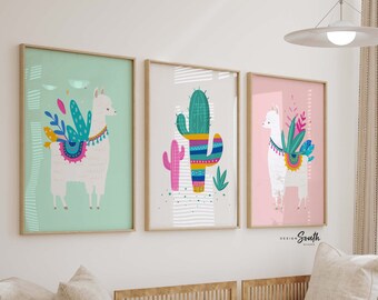 Llama Nursery Art Prints: Pink & Mint Cactus Decor