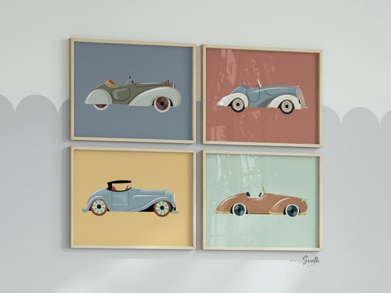Vintage car collection, vintage car nursery, car art prints, set of 4 car prints, classic car wall art for nursery, boy bedroom car themed