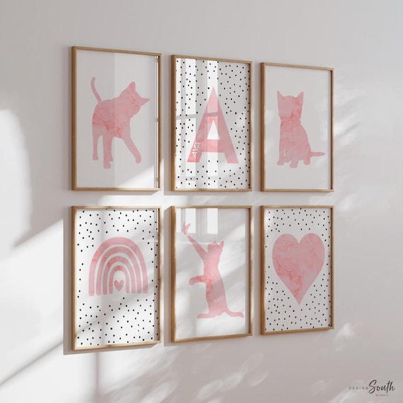 Pink kitten art prints nursery, little girl's room kitty decor, pink gray cat girl room, kitten posters, cat nursery art, cat girl bedroom