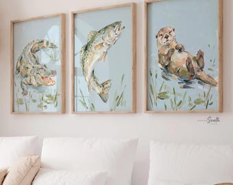 Otter Alligator Trout Nursery Wall Art Set of 3, Southern Marsh Wildlife Decor, Baby Boy Nursery Prints, River Animals
