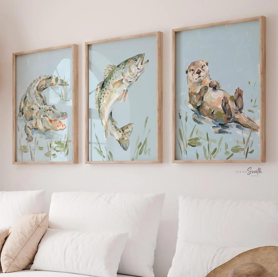 Otter Alligator Trout Nursery Wall Art Set of 3, Southern Marsh Wildlife Decor, Baby Boy Nursery Prints, River Animals