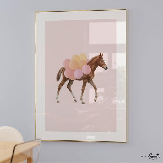 Baby Horse Art Print – Foal with Balloons, Girl Nursery Decor