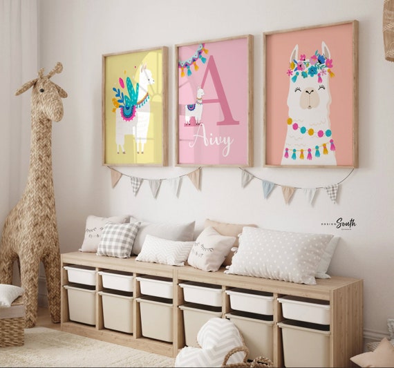 Llama alpaca birthday gift, llama wall art nursery prints, baby alpaca cute llamas flower crowns, coral pink yellow, nursery succulent art