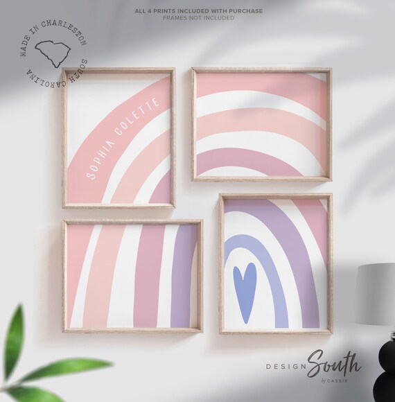 Little girl bedroom soft pink color, rainbow with girl's name, toddler girl bedroom ideas, pink baby rainbow themed room, pink girl wall art