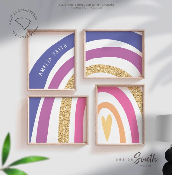 Girl rainbow art, little girl's name signs rainbow themed room, rainbow wall art for playroom bedroom nursery,  pink purple and gold decor