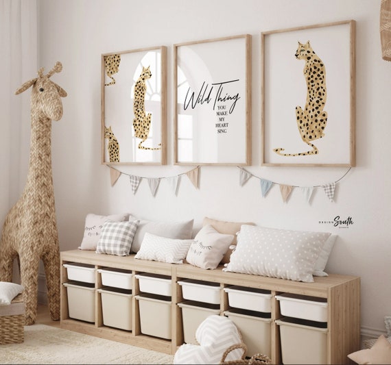 Wild thing nursery quote, white gray unisex leopard animal art, gray jungle kid safari nursery, wild thing quote, unisex boho jungle vintage