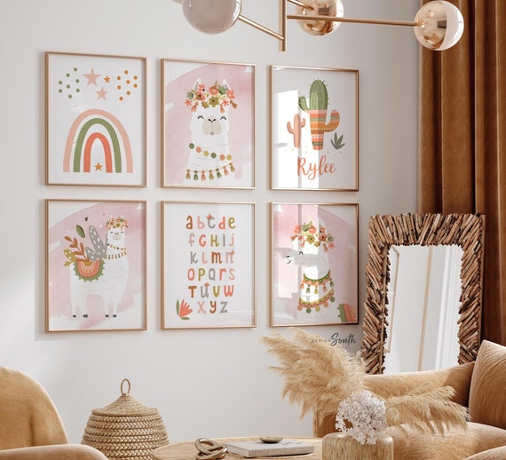 Terracotta burnt orange nursery art, boho little girl bedroom art llama, baby girl flower crown animal, burnt orange coral girl boho theme