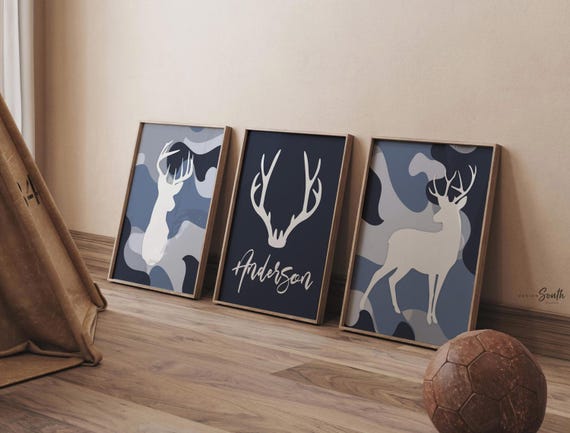 Personalized Deer Hunting Nursery Art: Navy Camo Baby Boy Decor