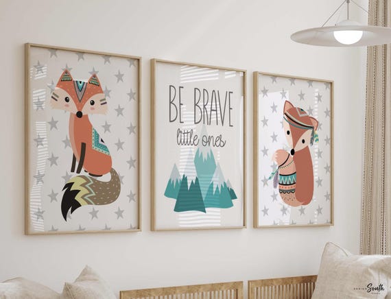 Twin woodland nursery, fox twins, neutral boy girl nursery, boy girl shared room decor, be brave little ones, kids playroom, twin baby gift