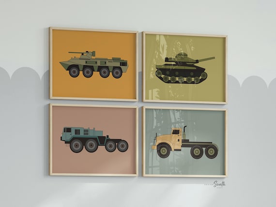 Military trucks nursery art, vintage military army themed boy bedroom, baby boy military nursery wall art, baby boy army tank semi nursery