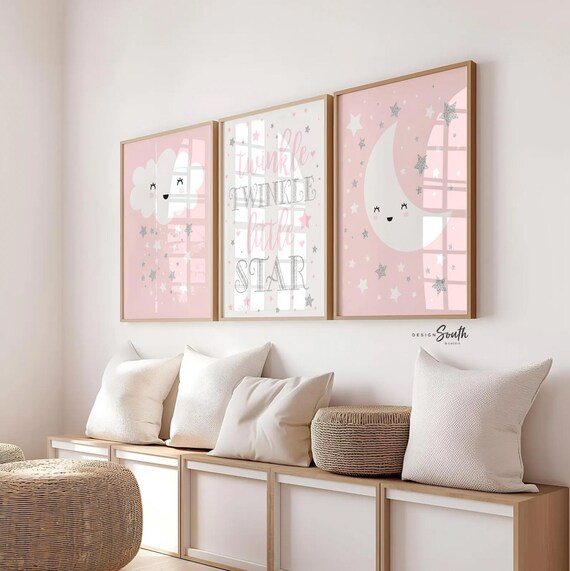 Celestial Nursery Prints: Pink Moon, Stars, Cloud Wall Art