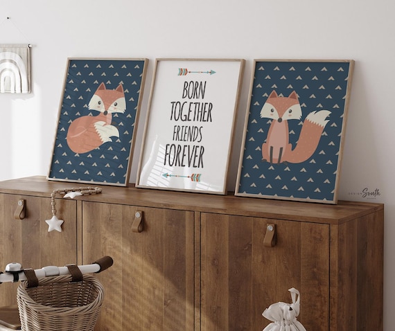 Twin nursery art fox, woodland theme twin nursery print set, twin baby wall art blue, twin prints for bedroom, born together friends forever