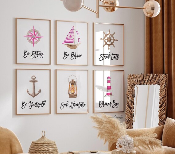 Nautical girl room art, anchor ship wheel sailboat collection nautical wall prints, nautical nursery art, ocean theme wall art, sea baby art