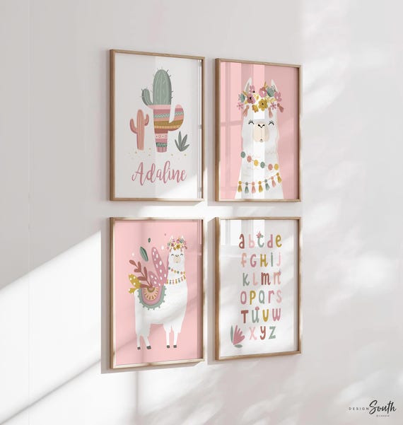Mauve pink llamas, little girl bedroom art llama themed, baby girl llama art flower crowns, girl boho llamas, boho baby room mauve colors