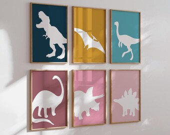 Dinosaur Nursery Wall Art Set, Teal Mauve Pink Navy Dino Prints, Kids Bedroom Decor