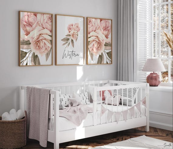 Girl nursery ideas, pink floral kid bedroom, modern elegant chic pink baby nursery decor, blush floral personalized name art, nursery room