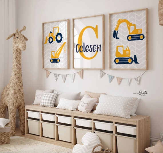 Navy blue yellow and gray construction room, big boy construction bedroom, construction theme gift for boy personalized name, boy's playroom