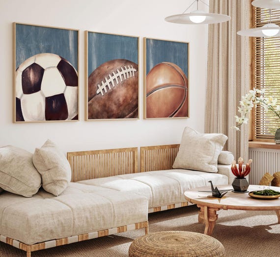 Vintage Blue Sports Wall Art Set of 3, Basketball Soccer Football Prints, Distressed Industrial Sports Decor, Boys Bedroom Playroom Art