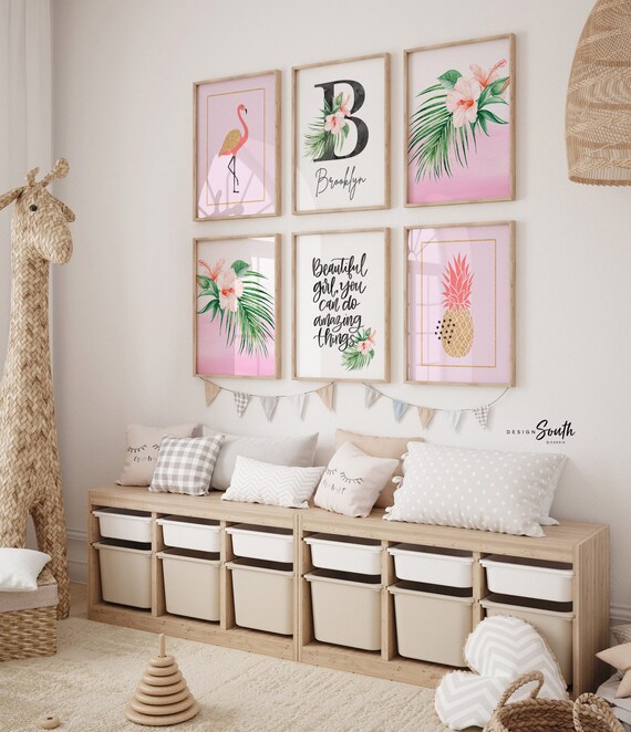 Tropical Nursery Prints: Pink Flamingo, Pineapple, Floral Monogram (Set of 6)