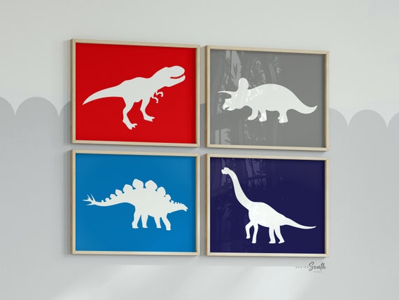 Red blue dinosaur decor, boys playroom wall dinosaurs, wall art for boys, dinosaur art prints for toddlers, dinosaur prints kids red & blue