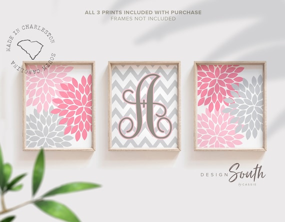 Baby girl nursery pink and gray, pink and gray nursery art, pink monogram nursery art, baby girl wall art pink, baby girl wall decor, baby