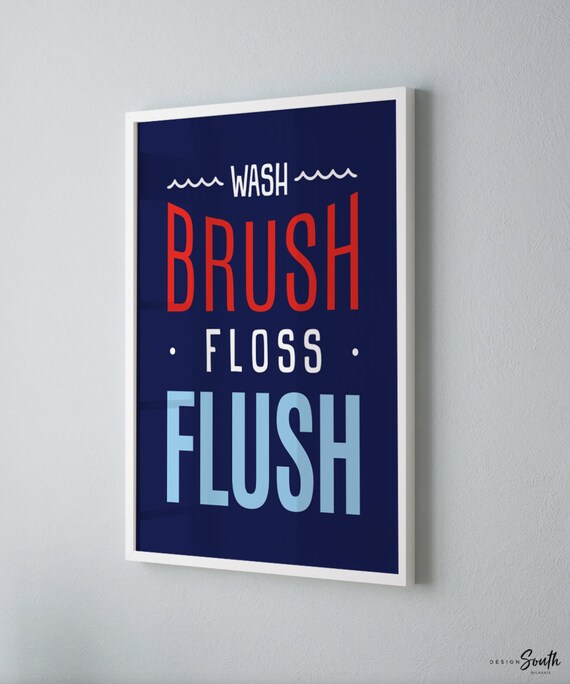 Bathroom wall decor for children, navy blue bathroom print children art, blue red navy bathroom decor, wash brush floss flush print wall art