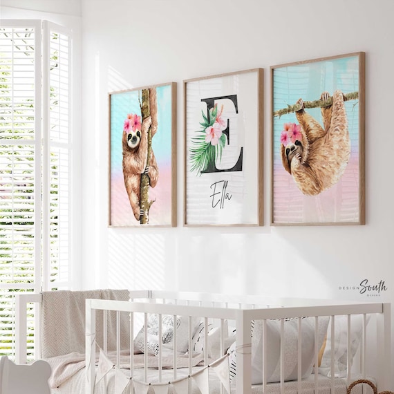 Tropical sloth girl nursery, sloth nursery girl, decor for girl's bedroom sloths, tropical sloth theme room for girl, sloths and flowers art