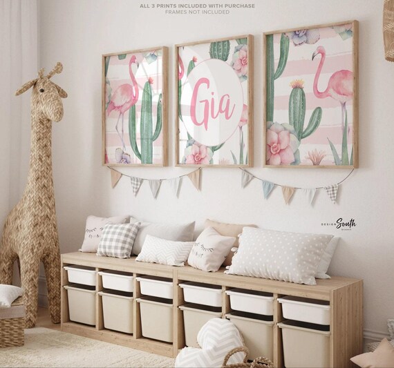 Tropical nursery, pink flamingo nursery cactus tropical flowers, green tropical leaves nursery, flamingo cactus, personalized baby girl gift