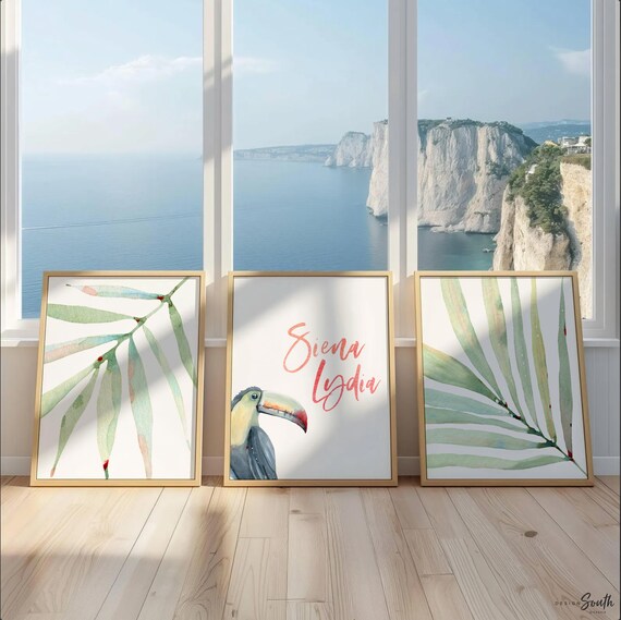 Toucan Nursery Art Set: Tropical Baby Room Decor, Personalized Name