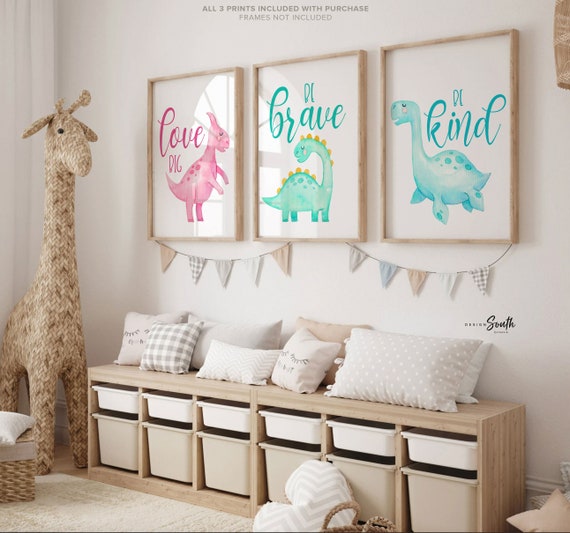 Sweet baby dinosaurs, nursery dinosaur themed wall art pink mint blue, love big be kind be brave with dinosaur, baby decor dinosaur wall art
