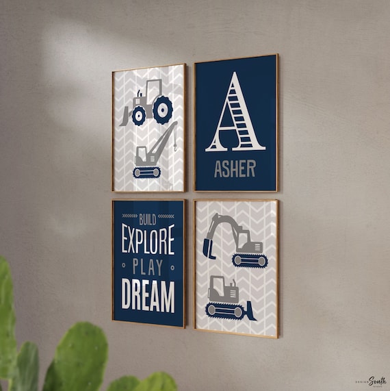 Build explore play dream, big boy bedroom construction, digger prints, digger wall art, boys construction theme bedroom, boys bedroom decor