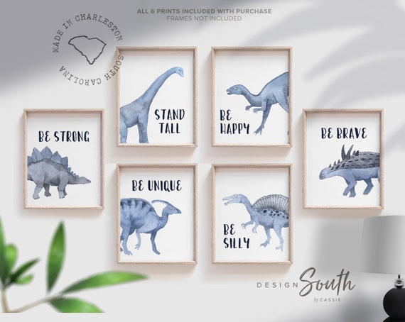 Blue Dinosaur Print Set: Inspiring Quotes, Boys Room Decor (Set of 6)
