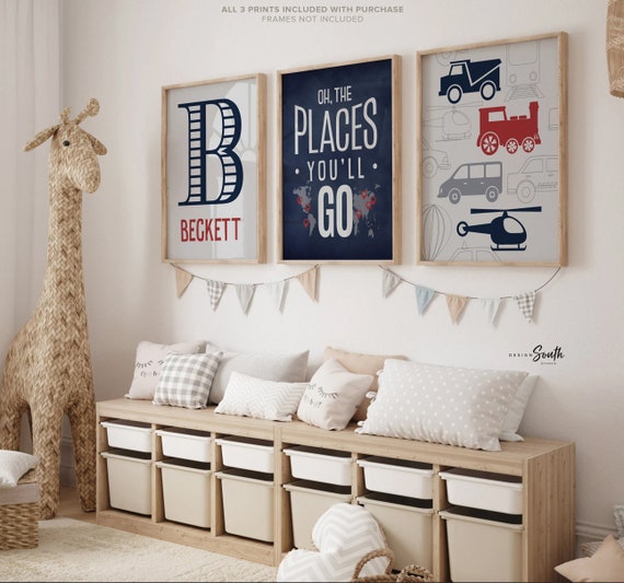 Transportation theme for boys nursery or bedroom, personalized name print for boys, oh the places you'll go, blue, red and green print, art