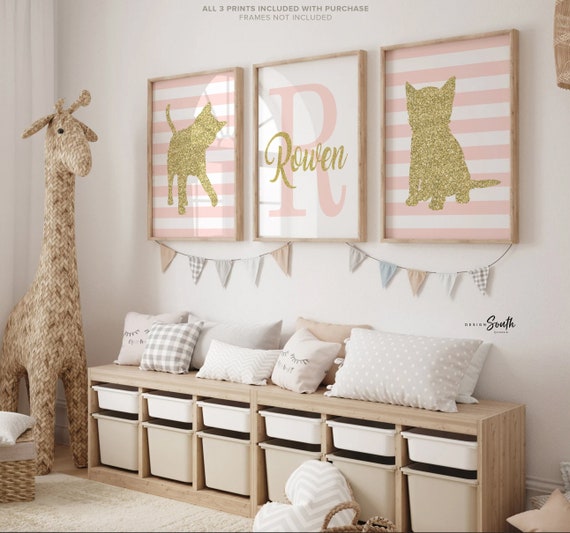 Baby girl nursery decor pink and gold, kitten pictures nursery wall art for girls, wall decor for girls pink and gold, kitty cat nursery art