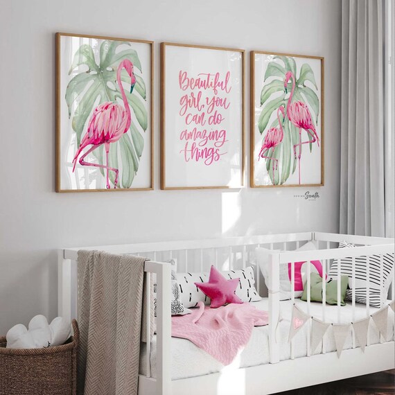 Pink flamingo girl room art, hot pink and green tropical bedroom prints, flamingos with pink watercolor and leaves, beautiful quote for girl