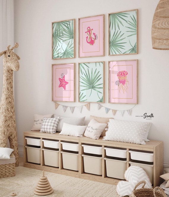 Girl ocean theme nursery decor, pink and gold nautical bedroom, pink gold beach nursery, sea animals and tropical palm leaves art prints