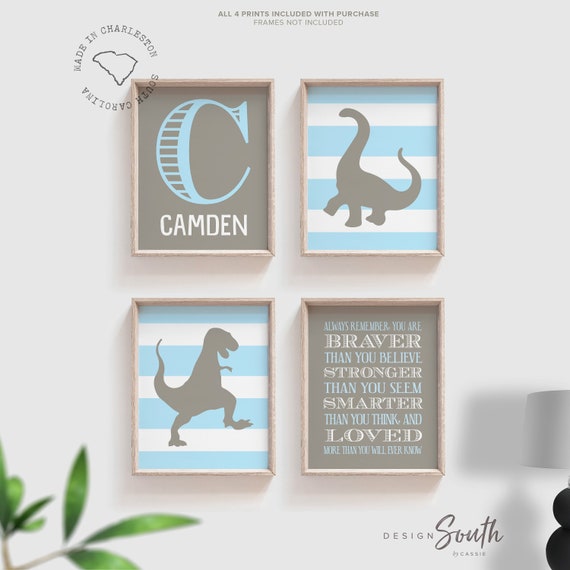 Baby blue and gray dinosaurs, baby dinosaur gift, boys dinosaur theme, dinosaur personalized wall art decor, baby blue and gray boys decor