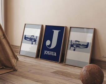 Navy Blue Airplane Nursery Art: Personalized Boy's Room Decor