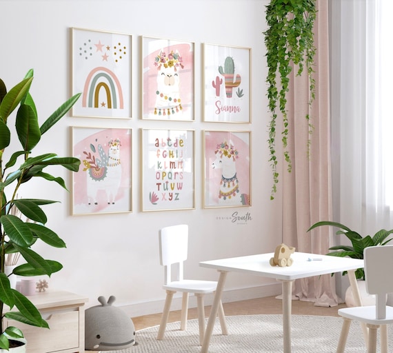 Mauve pink llamas, little girl bedroom art llama themed, baby girl llama art flower crowns, girl boho llamas, boho baby room mauve colors