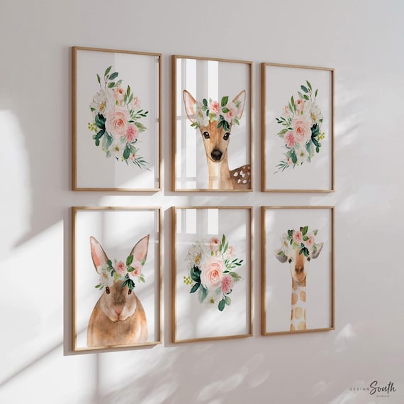 Watercolor Woodland Nursery Art Prints: Deer, Bunny, Giraffe